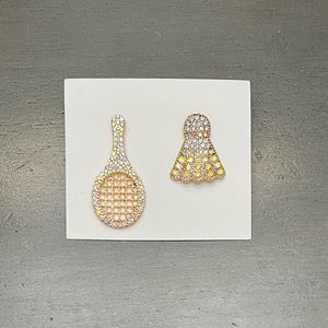 🎾Gold Badminton Racket Set w/ Pink Pastel Aurora Borealis Crystals 2” Earrings